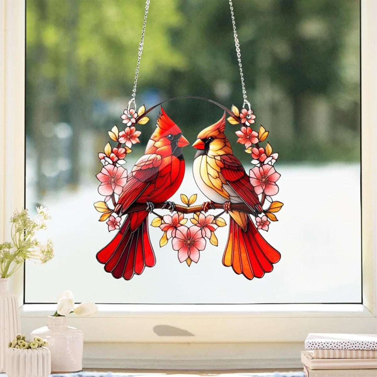Acrylic Window Hanging Cardinal Suncatcher Decor,Red Bird Suncatcher Panel Outdoor Wall Art Stained