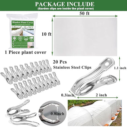 Plant Covers Freeze Protection 10 x 50Ft with 20 Stainless Steel Clip- Frost Cloth Plant Blankets