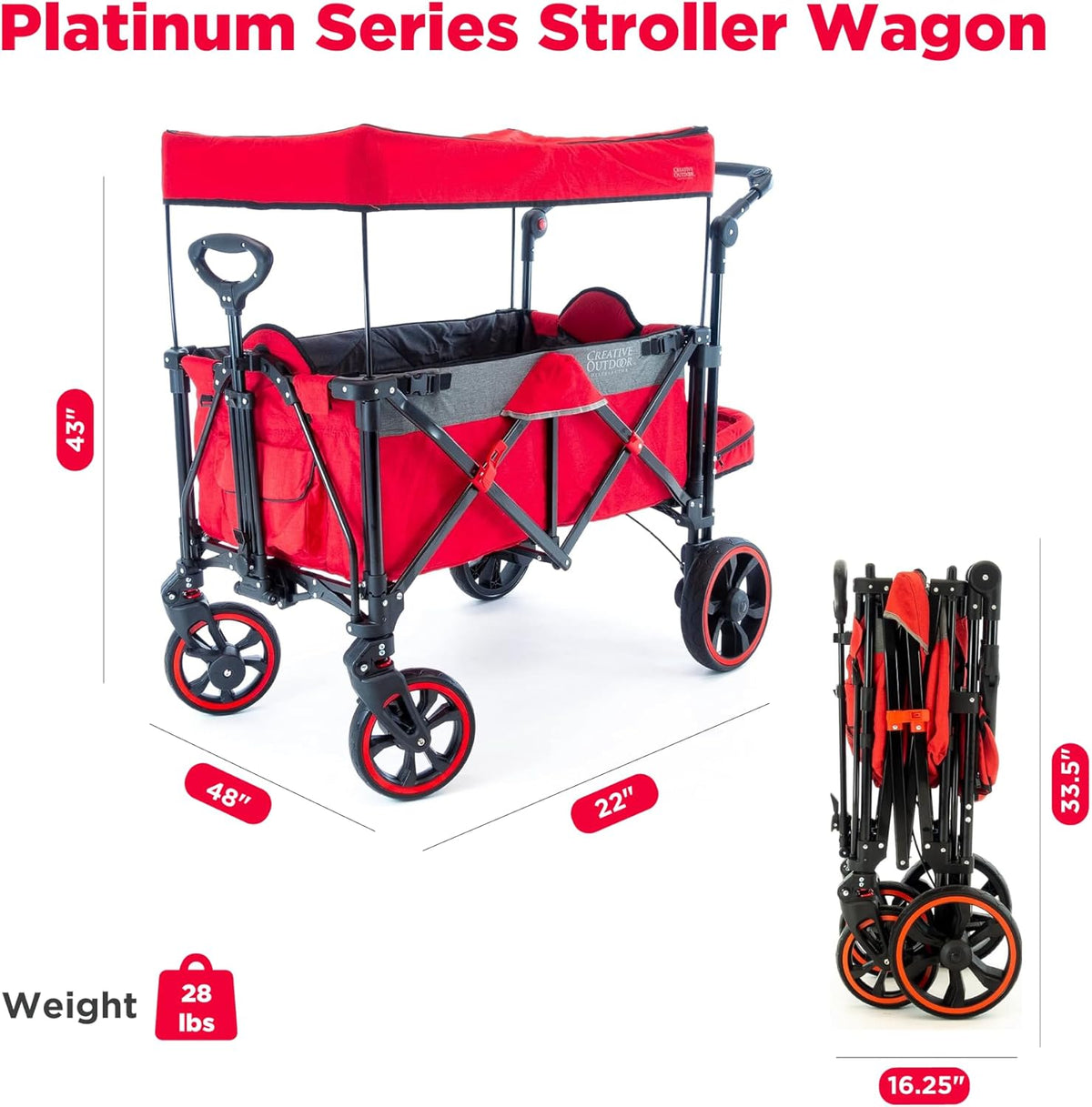Creative Outdoor Push Pull All-Terrain Collapsible Folding Stroller Wagon for Kids, 150lbs Weight