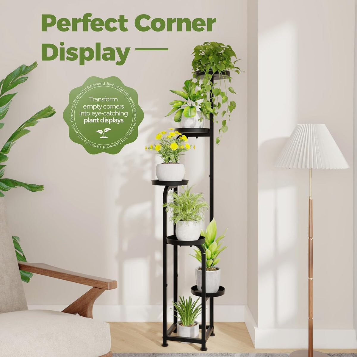 Bamworld Tall Plant Stand Indoor Outdoor, Corner Metal Flower Pot Stands for Multiple Plants, 5