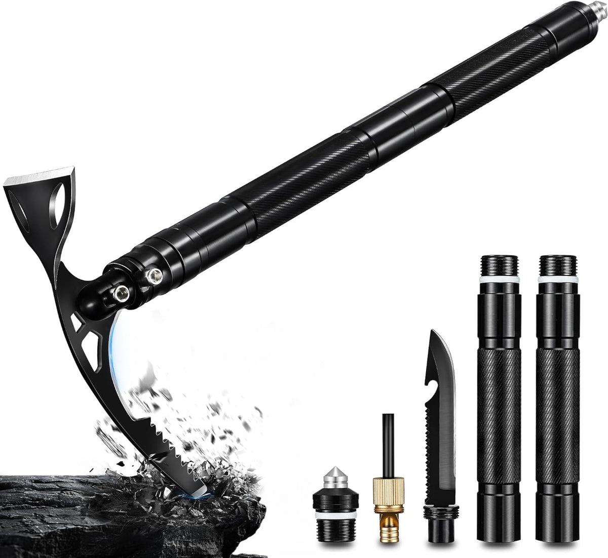 Pick Axe 8 in 1, Folding Pickaxe Mattock with Multi-Purpose Garden Hoe and Survival Knife