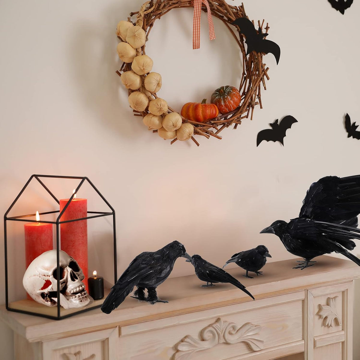 Yerliker 5 Pcs Halloween Black Feathered Crow and Skull Statue Set Handmade Realistic Crow Decor