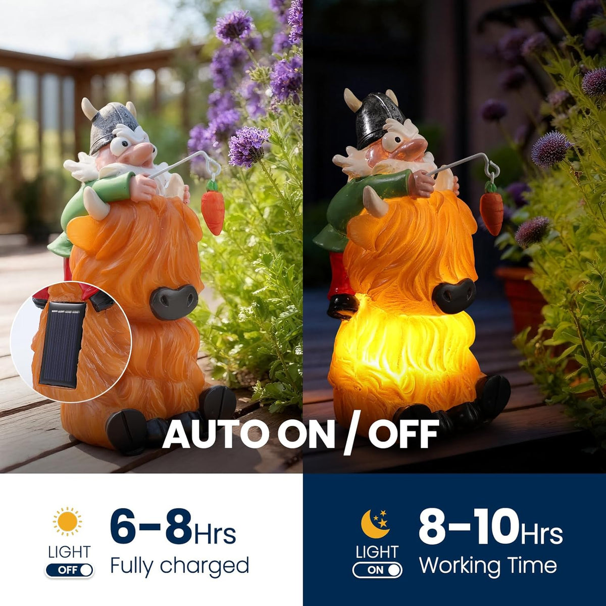 Garden Gnome Statue Highland Cow Gift,Yard Patio Balcony Outdoor Decor Solar Light Figurine