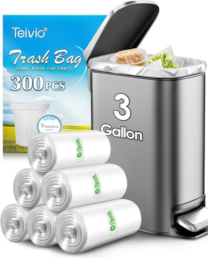 Teivio 3 Gallon 300 Counts Clear Trash Bags Garbage Bags, Mini Waste Basket Liners,Bathroom Trash