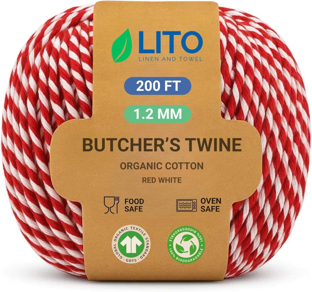 Red and White Organic Twine Cotton String - 200 Feet Wrapping, Baking, Butcher, Crafts, DIY