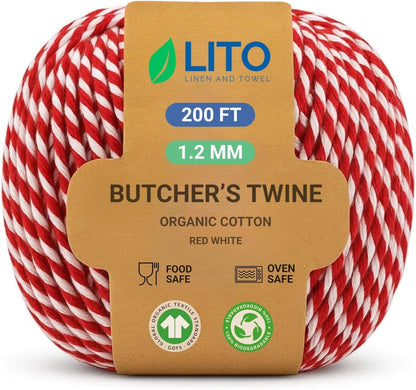 Red and White Organic Twine Cotton String - 200 Feet Wrapping, Baking, Butcher, Crafts, DIY