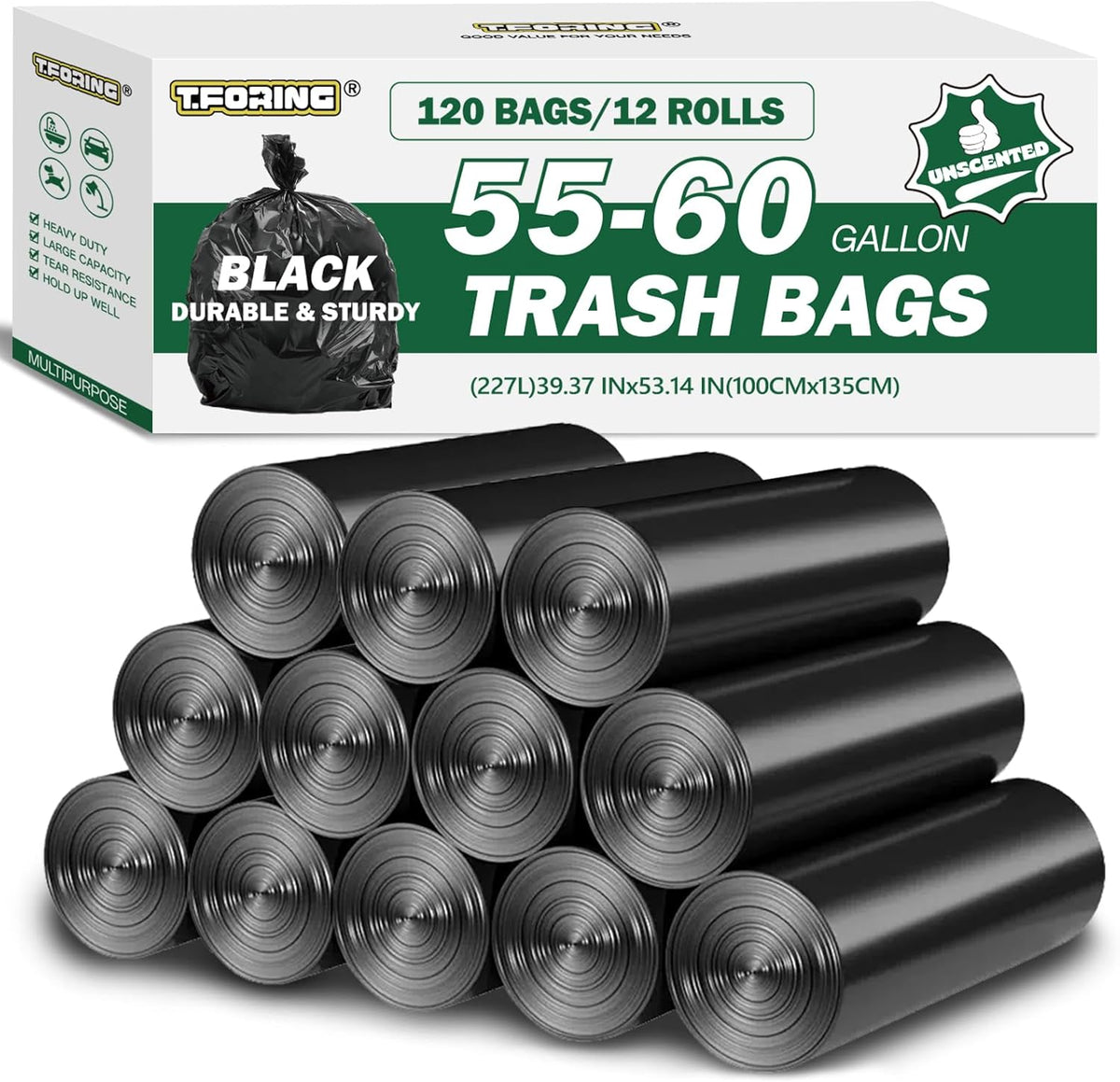 55-60 Gallon Black Trash Bags 120 Count - 40''x53'' Extra Large 50+ Gallon Garbage Bags,Unscented