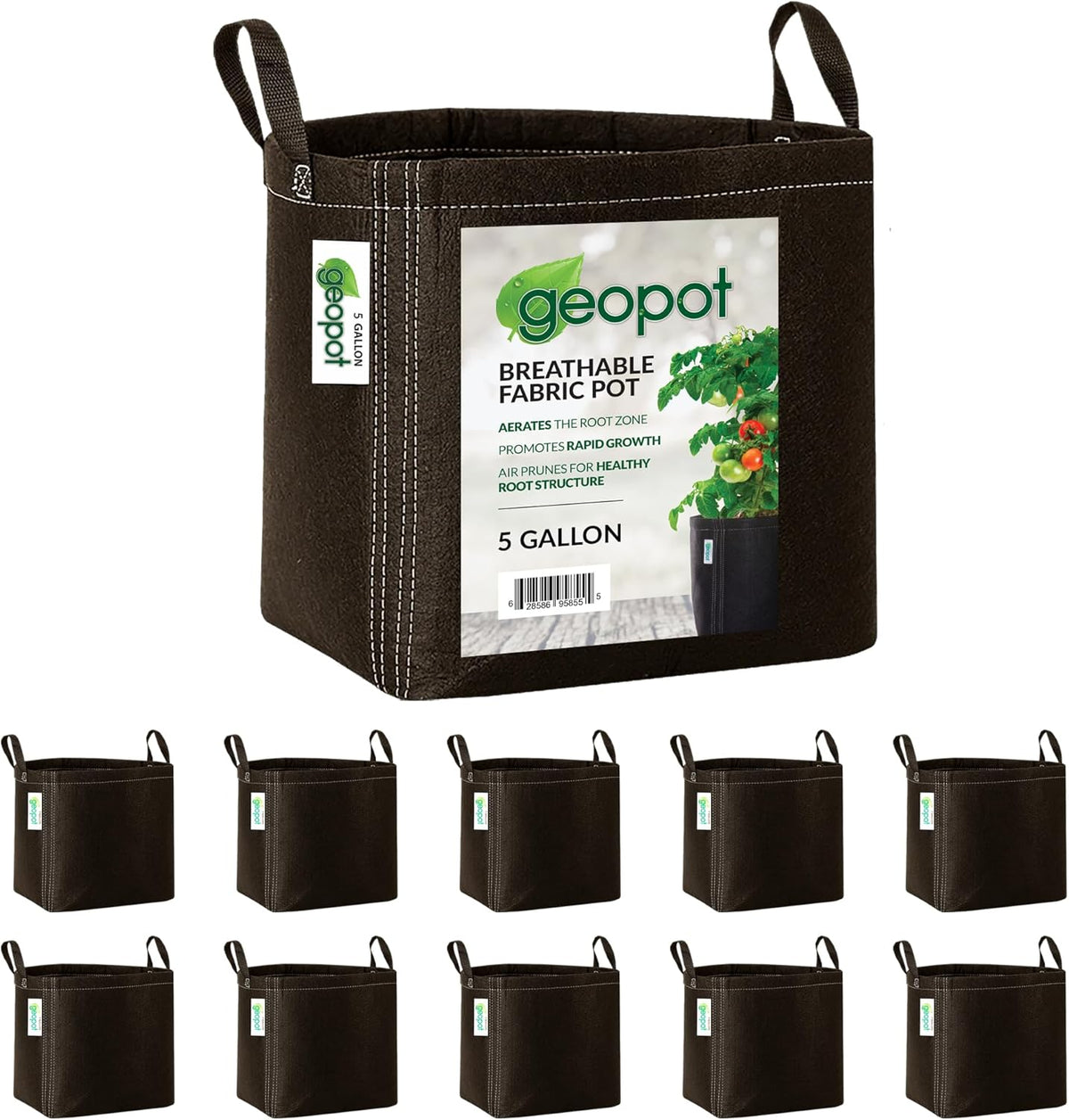 GeoPot 5 Gallon Fabric Grow Bags with Handles for Vegetables, Houseplants, Herbs & Flowers |