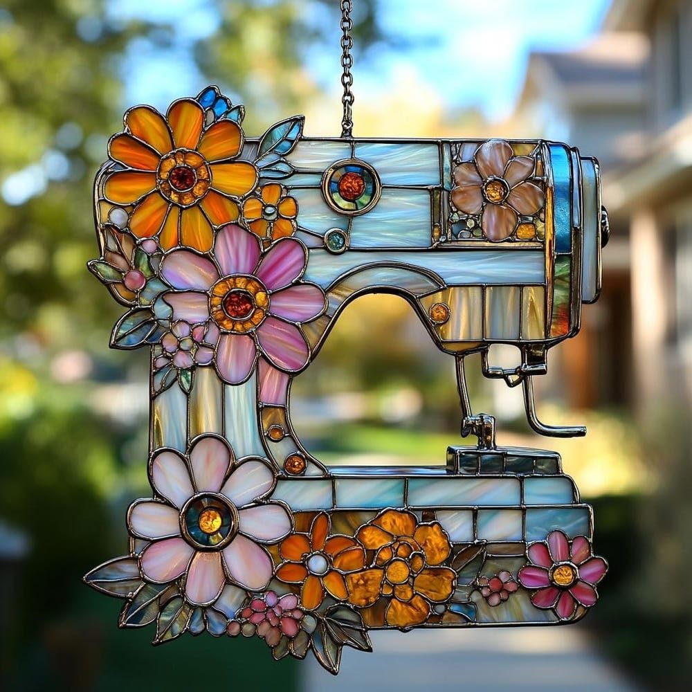 Vintage Sewing Machine Acrylic Suncatcher Stained Glass Effect Window Car Hanging Christmas