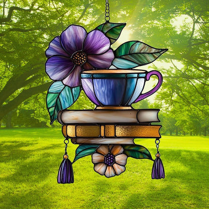 Hibiscus Tea Cup and Books Acrylic Suncatcher Stained Glass Effect Window Car Hanging Christmas