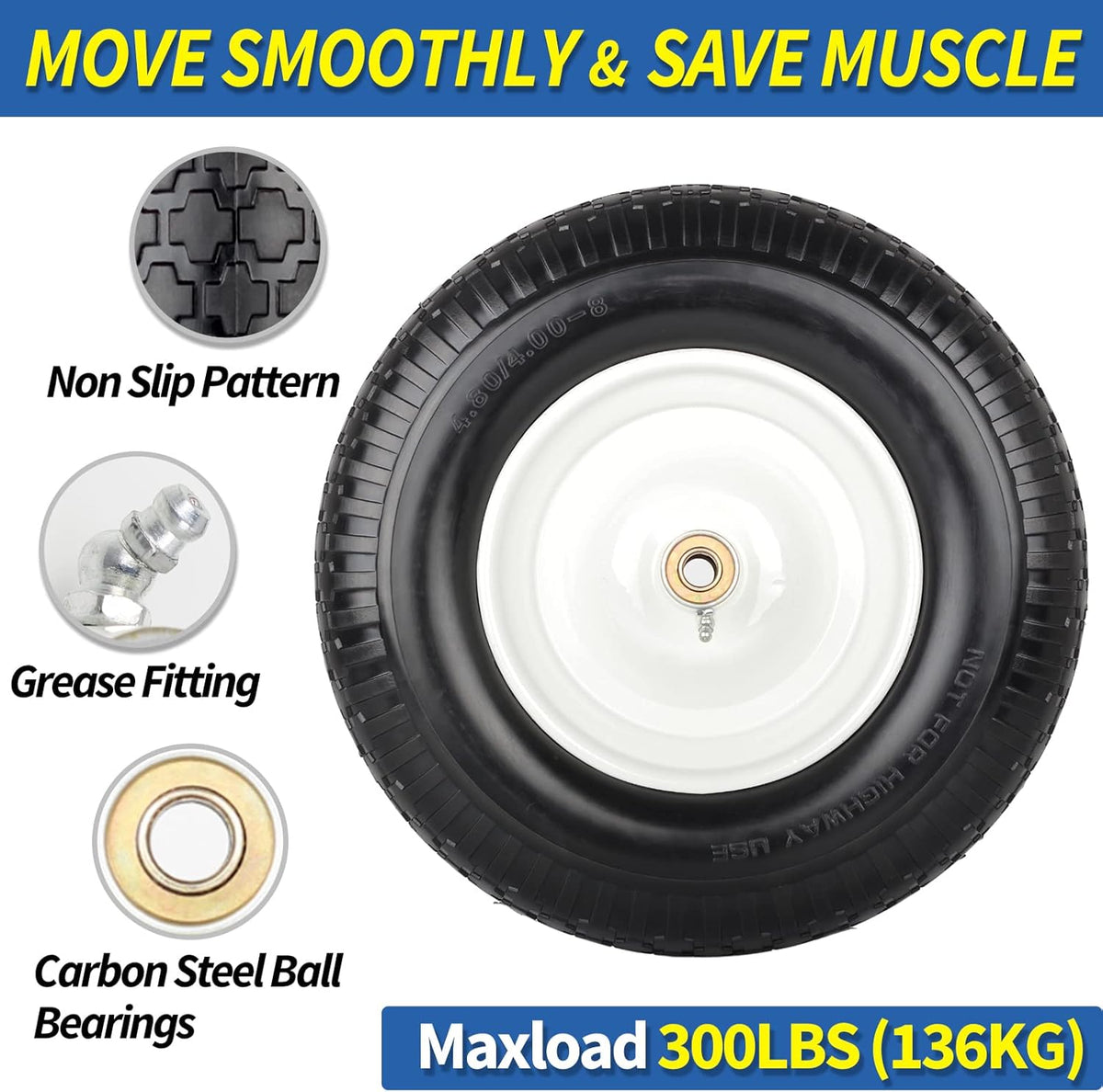 4.80/4.00-8" Flat-Free Tire and Wheel 16" Solid Wheelbarrow Tire, 6" Centered Hub, 5/8" Axle Bore