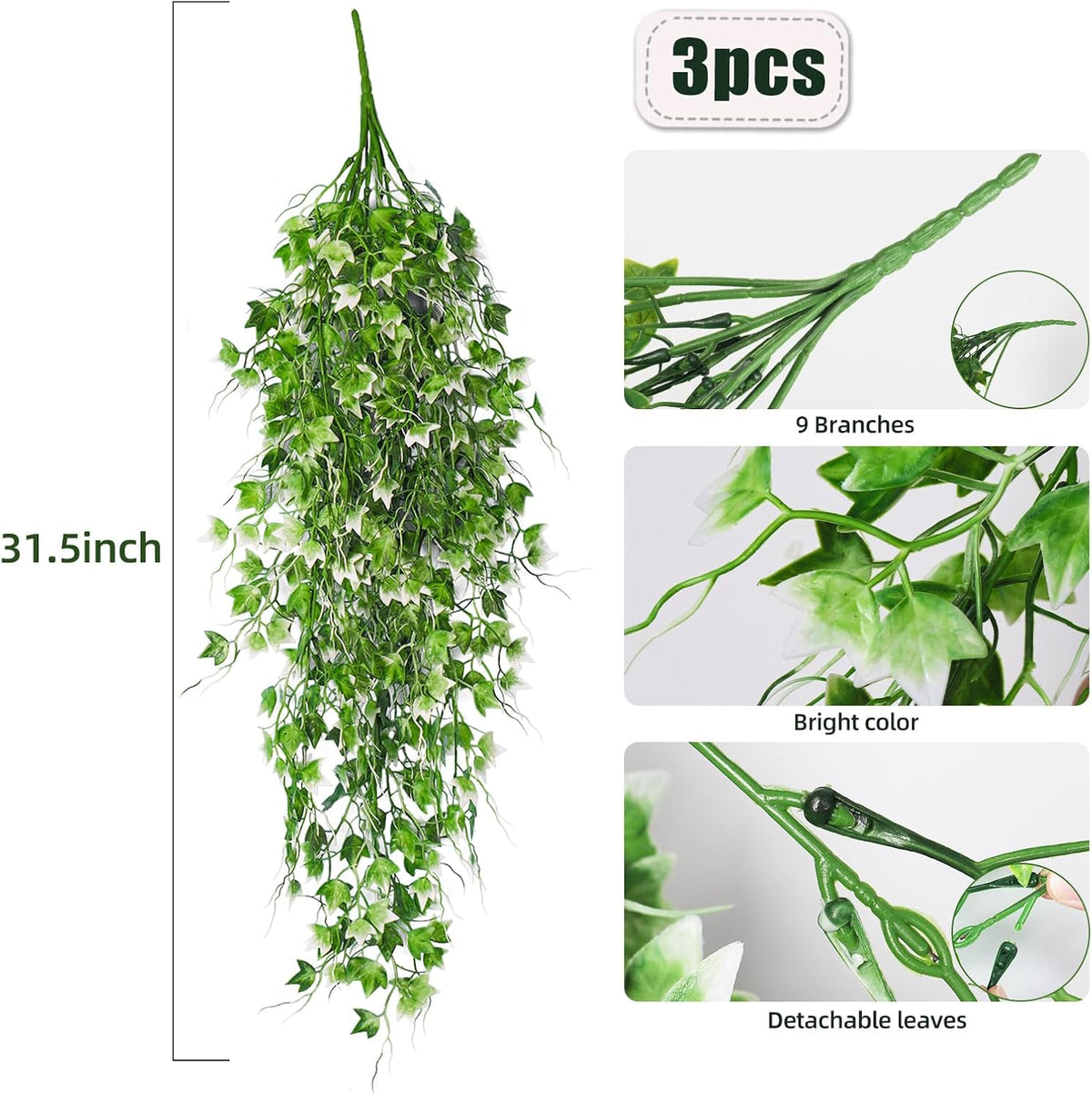 RECUTMS Artificial Hanging Plant - Faux Ivy Vine With White UV Resistant Leaves for Room, Office
