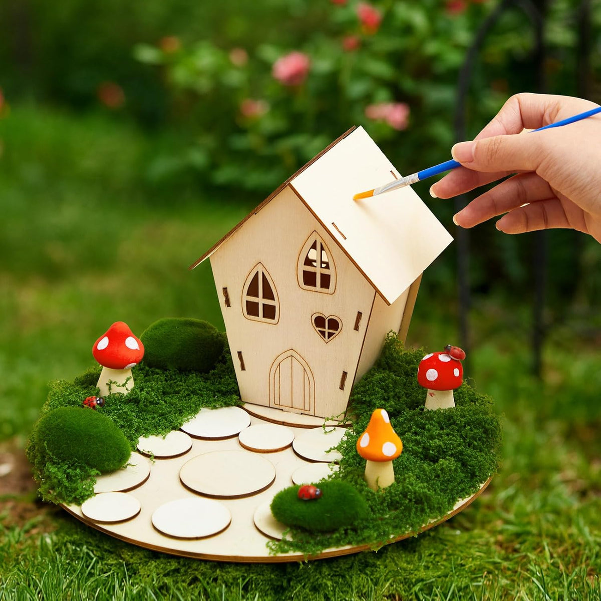 Kathfly 8 Sets Wooden Fairy House Craft Kit, Fairy Garden Kit with Paints & Decorations, Unpainted