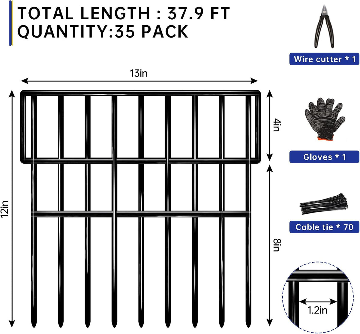 35 Panels Garden Fence Animal Barrier, 38 Ft(L) X 13 in(H) No Dig Fence for Dogs, Upgrade 1.2in Gap