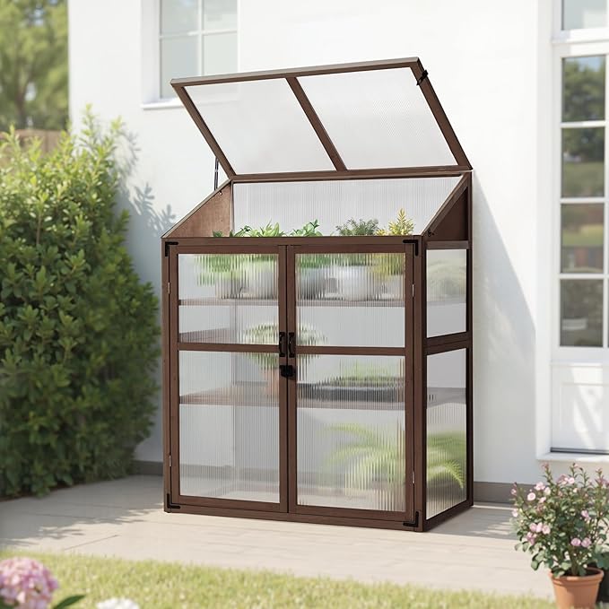 Macrout Cold Frame Greenhouse, Large Wooden Greenhouse Cabinet, Garden Cold Frame with Adjustable