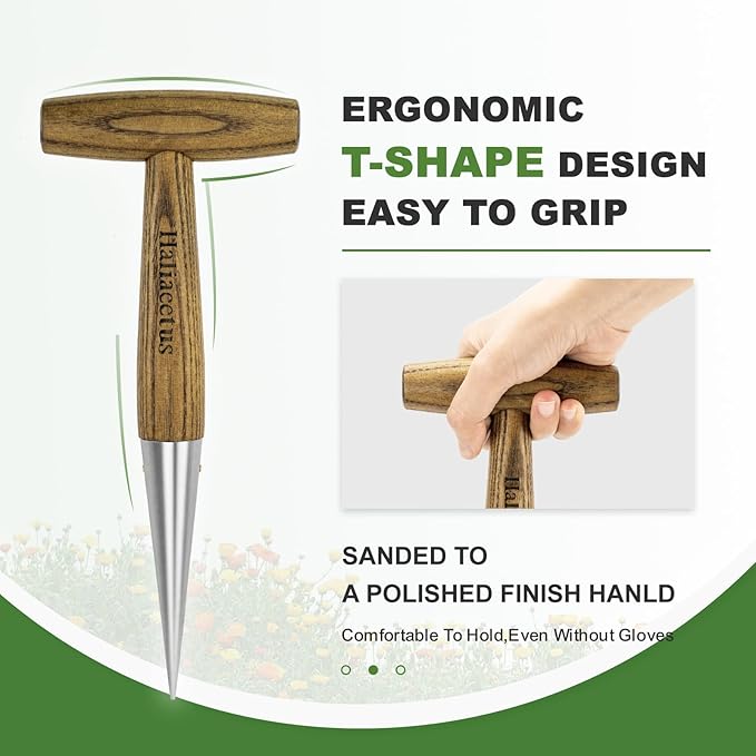Haliaeetus Dibber Garden Tool, Stamped Stainless Steel Tip Seed Dibber, Smooth Splinter-Free