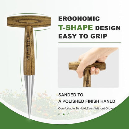 Haliaeetus Dibber Garden Tool, Stamped Stainless Steel Tip Seed Dibber, Smooth Splinter-Free