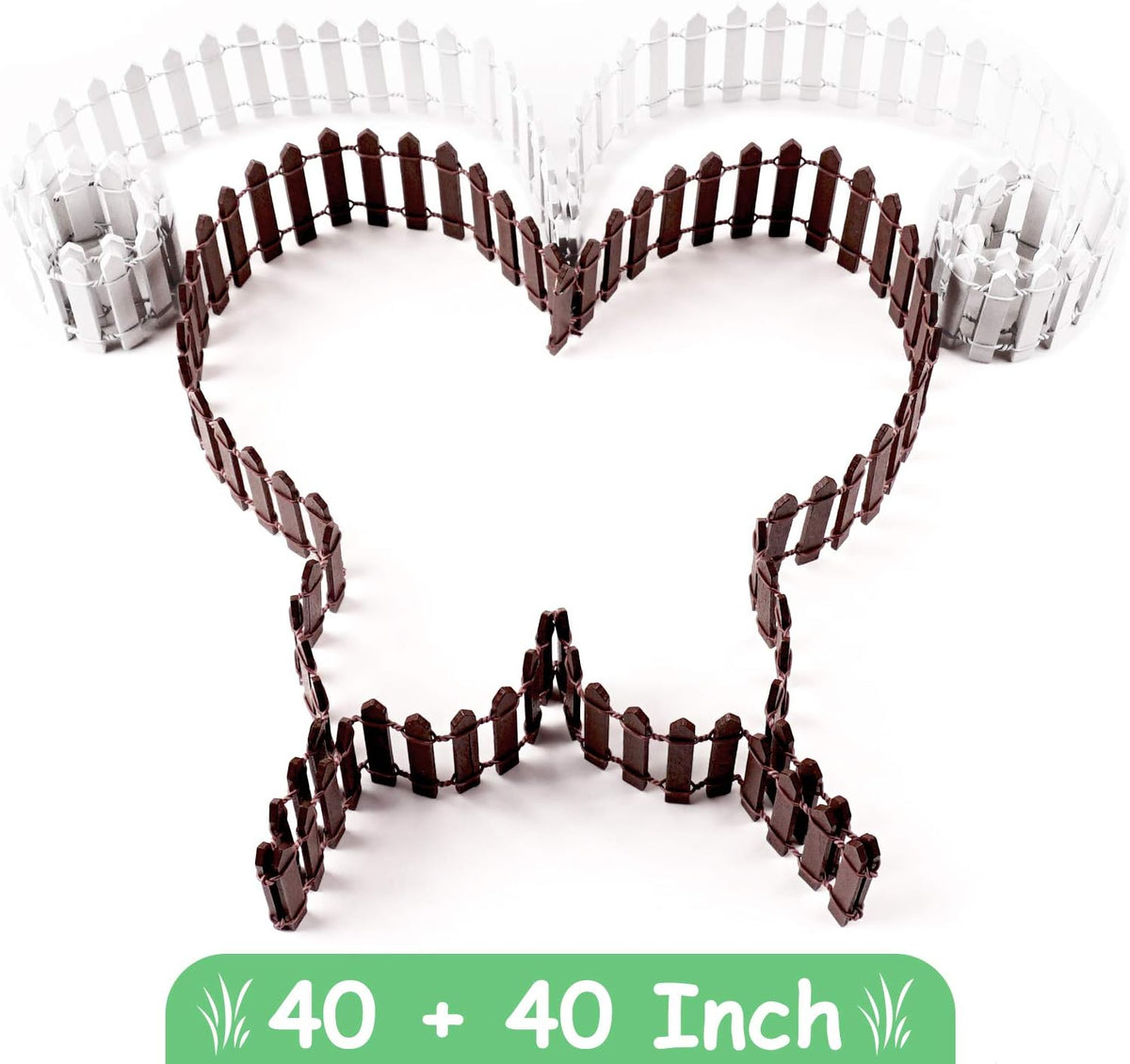 Miniature Wood Picket Fence - 2 Pcs DIY Brown and White Fence with Gate, 40 Inch Long for Fairy or