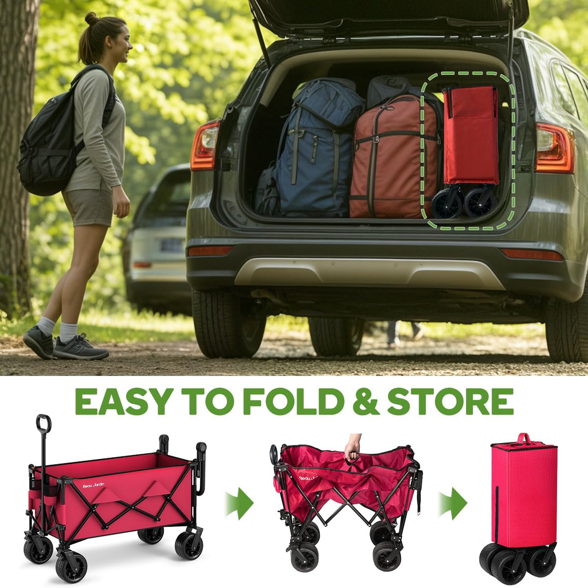 BEAU JARDIN Folding Push & Pull Beach Wagon 500 lbs Collapsible Foldable Wagons with Push Handle
