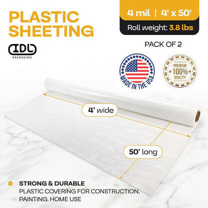 Plastic Sheeting 4 mil, 4' x 50' (200 sq.ft.), Pack of 2 - Thick Semi-Clear Plastic Sheeting for