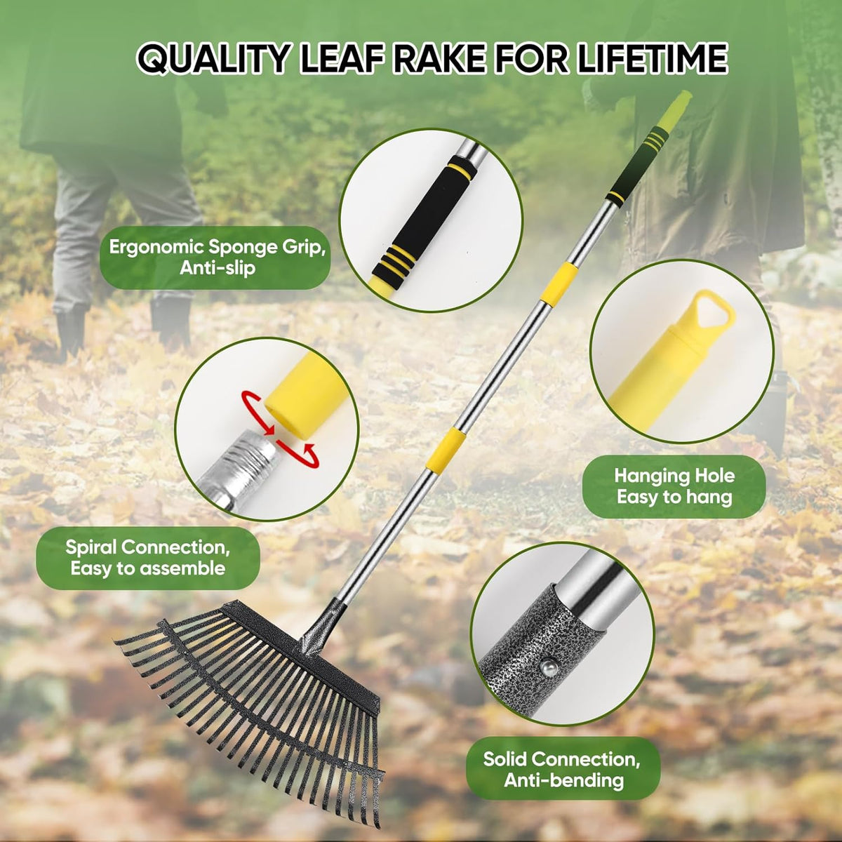 Rake Heavy Duty 6FT Long Garden Rakes , 18.5 Inch Wide Leaf Rake for Lawns, 25 Metal Tines