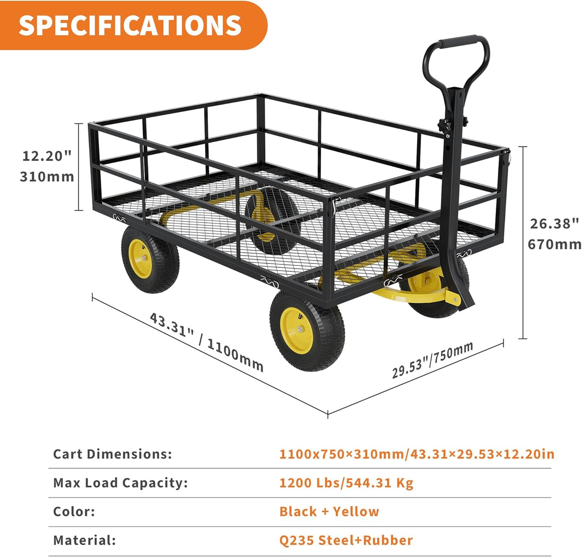 3-in-1 Heavy-Duty Steel Garden Cart, 1200 Lbs Garden Wagon, with 13 Inch All-Terrain Tires and