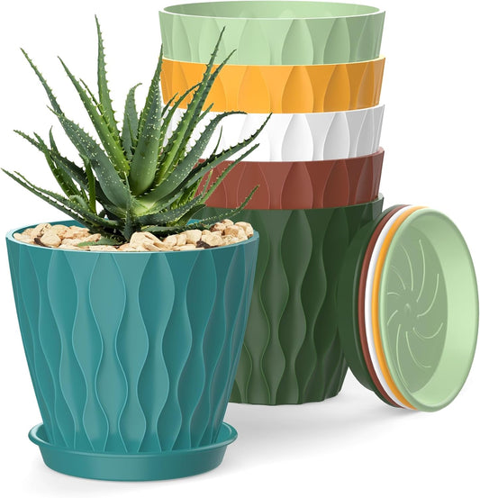 4 Inch Plant Pots, 6 Pack Indoor Flower Pots, Planters with Drainage Holes and Trays for Orchids