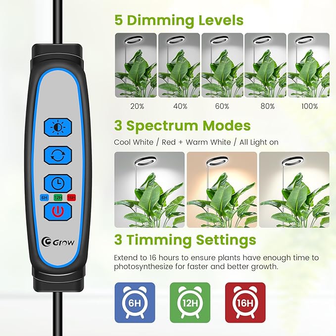 Black Grow Lights for Indoor Plants, Full Spectrum LED Plant Grow Light with 6/12/16H Timer, 3
