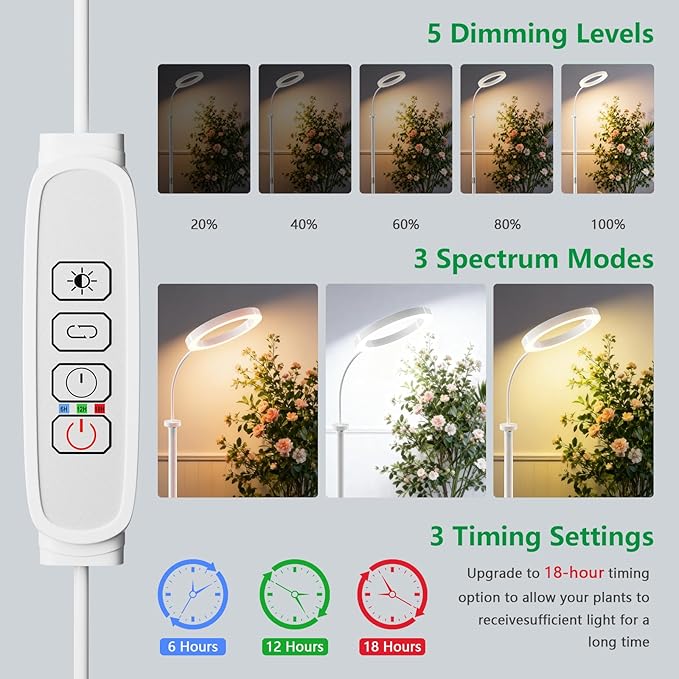 Full Spectrum Grow Light with Stand for Indoor Plants, Floor Plant Light, 6/12/18H Timer, 3 Color