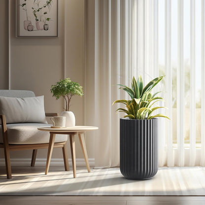 Kante Tall Fulted Planter, 21.7 Inch Tall Round Concrete Plant Pots with Drainage Hole and Rubber