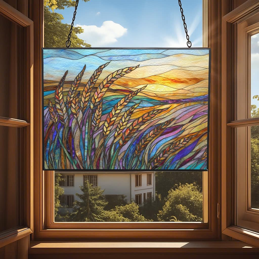Personalized Rectangle Art Nouveau Swaying Wheat Field Stained Glass Window Hanging, Stained Glass