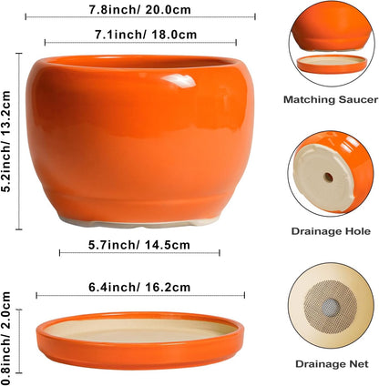 SQOWL Ceramic Pot for Plants - 8 Inch Plant Pot Indoor Outdoor, Modern Round Planter with Drainage