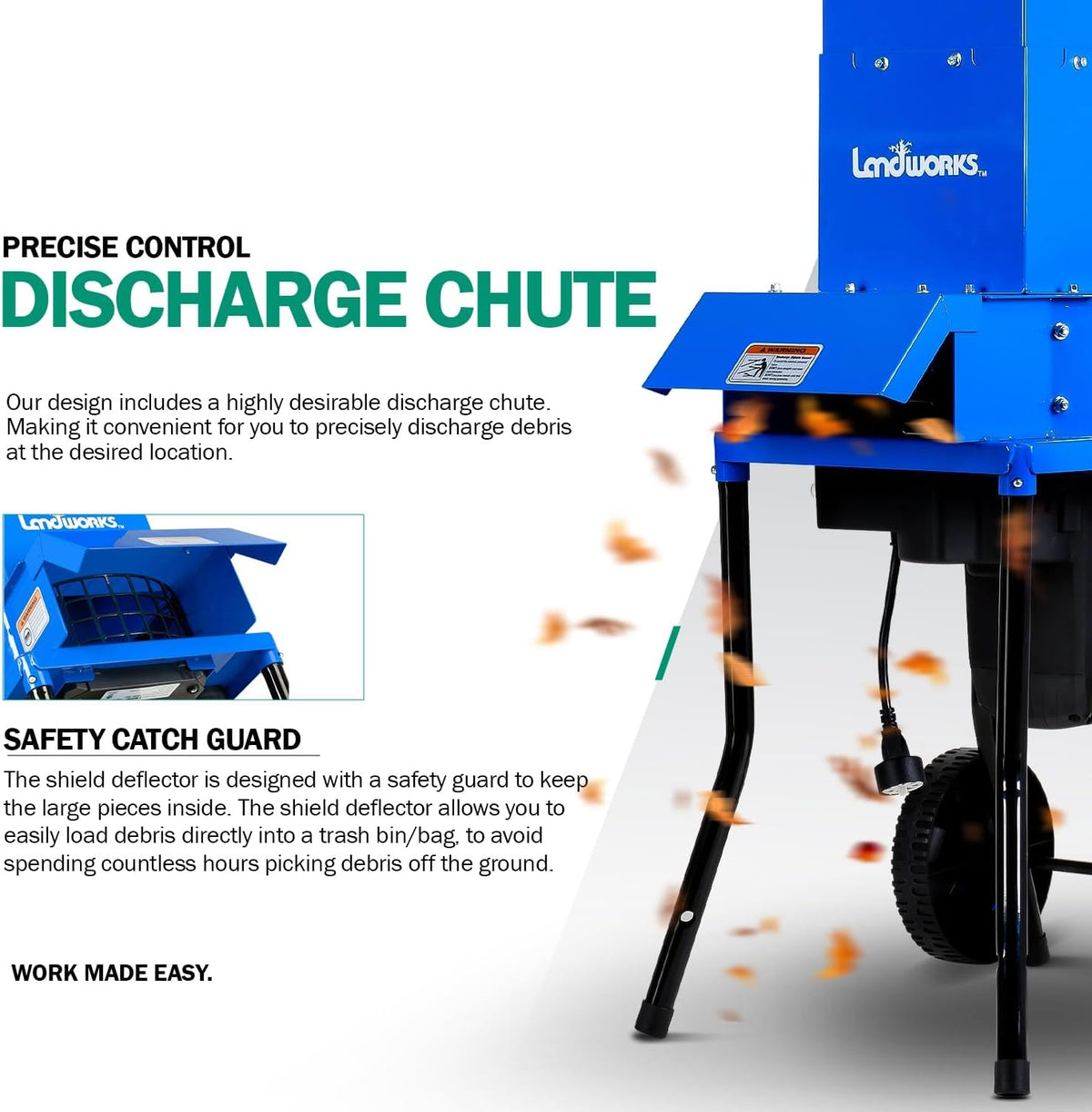 Landworks Electric Leaf Mulcher & Shredder - 15-AMP, 1800W, Steel Construction, 11" Blades, 0.5"