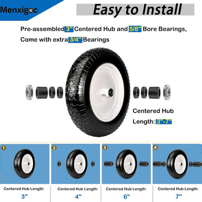 4.80/4.00-8 Tire, 14.5" Tire and Wheel Flat Free, 5/8" Bore Bearing with 3/4" Extra Bearings, 3"