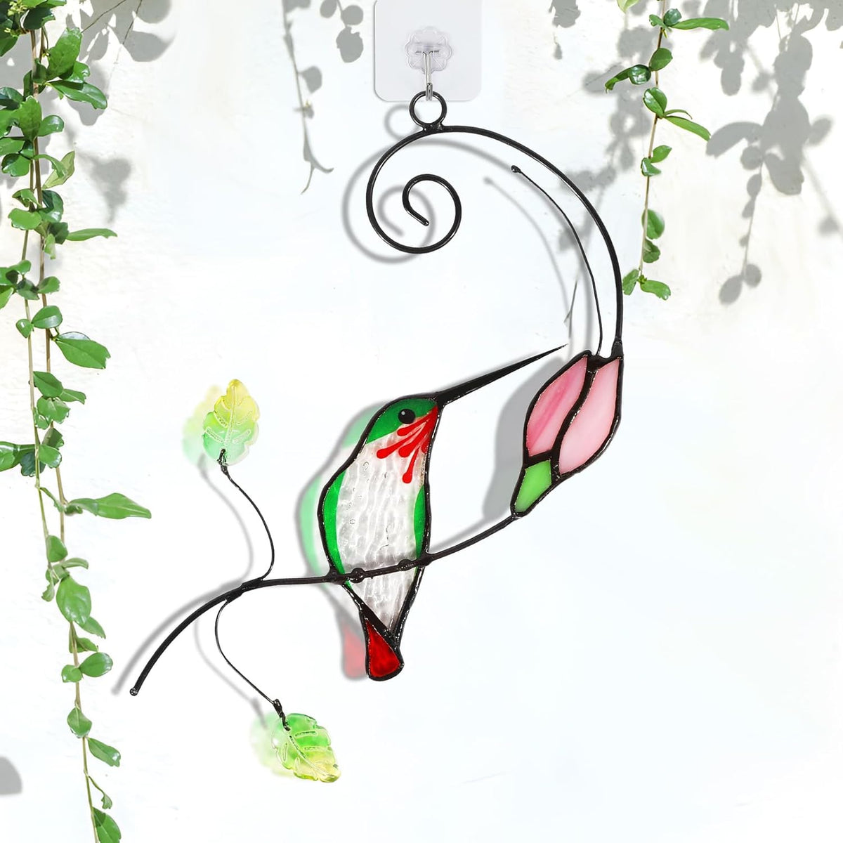 Handmade Stained Glass Hummingbird Suncatcher, Window Hanging Ornament with Flower Design, Indoor