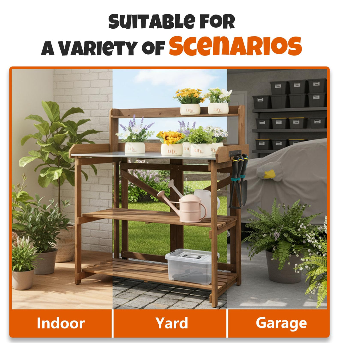 Outdoor Potting Bench Table, Indoor Wooden Work Station with Metal Table Top, Metal Hooks, Large