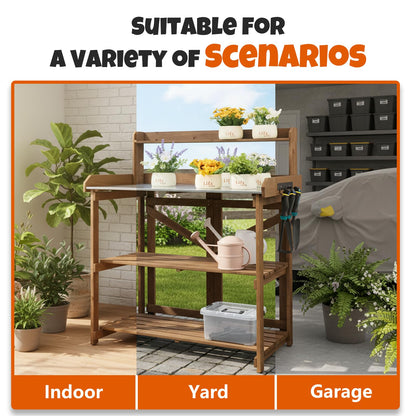 Outdoor Potting Bench Table, Indoor Wooden Work Station with Metal Table Top, Metal Hooks, Large