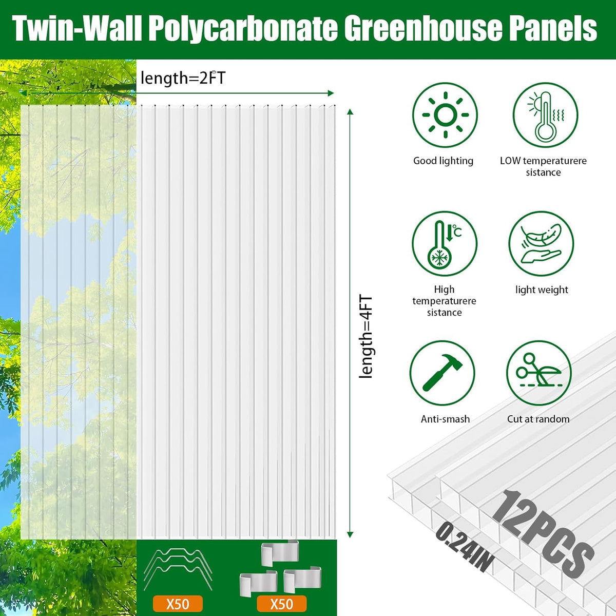 Polycarbonate Greenhouse Panels 12 Pack 4' x 2' x 0.24" Twin-Wall UV-Protected All Weather Plastic