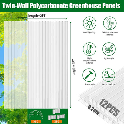 Polycarbonate Greenhouse Panels 12 Pack 4' x 2' x 0.24" Twin-Wall UV-Protected All Weather Plastic