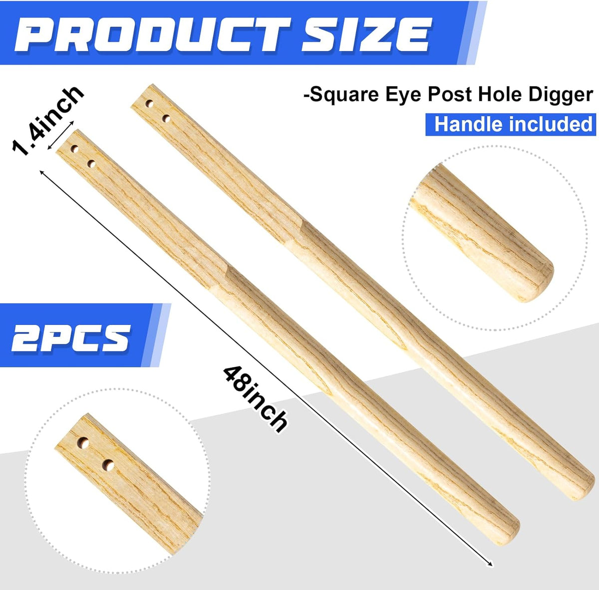 Zonon 2 Pcs Square Eye Post Hole Digger Handle Wood Post Hole Digger Replacement Handle, 48 Inches