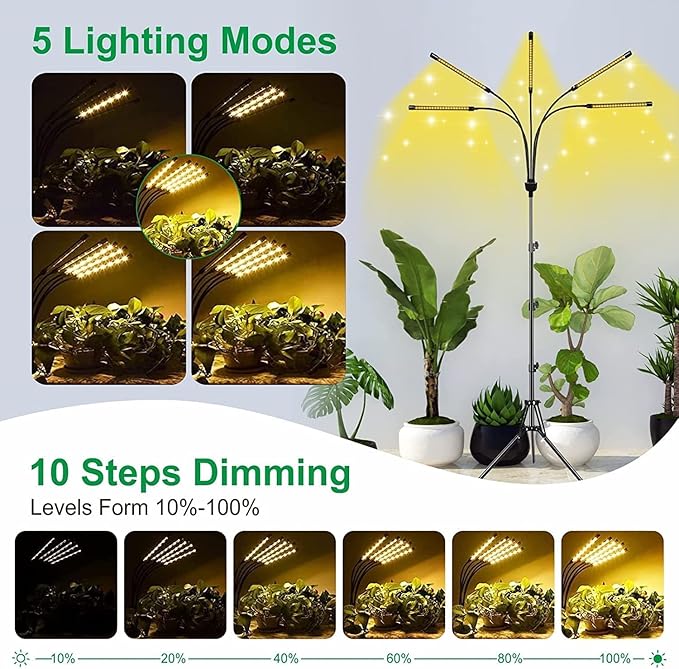 5-Head Adjustable LED Lights, Full Spectrum Grow Lamp with Timer, Warm White Light for Indoor Plants