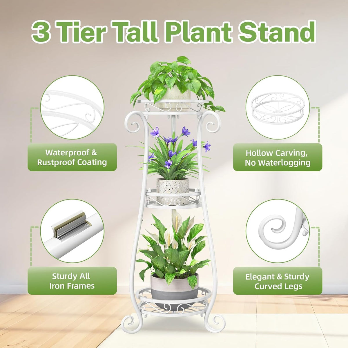 iDavosic.ly 3 Tier Metal Plant Stand Indoor Outdoor, Wrought Iron Corner Tall Flower Pot Holder