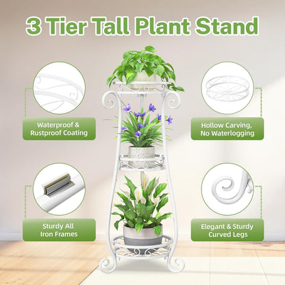 iDavosic.ly 3 Tier Metal Plant Stand Indoor Outdoor, Wrought Iron Corner Tall Flower Pot Holder