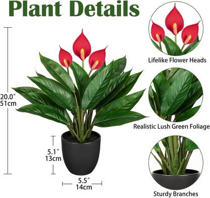 20'' Realistic Red Anthurium Artificial Potted Plant, Fake Flowers for Home Office Farmhouse