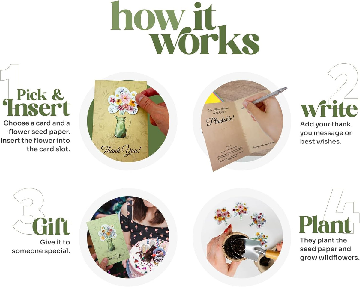 Seed Paper Thank You Cards – 4 Plantable Bouquet Inserts with Wildflower Seeds, 4 Greeting Cards &
