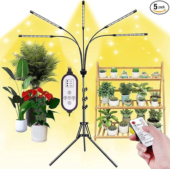 5-Head Adjustable LED Lights, Full Spectrum Grow Lamp with Timer, Warm White Light for Indoor Plants