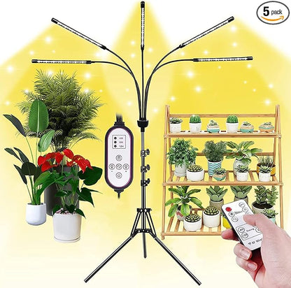 5-Head Adjustable LED Lights, Full Spectrum Grow Lamp with Timer, Warm White Light for Indoor Plants
