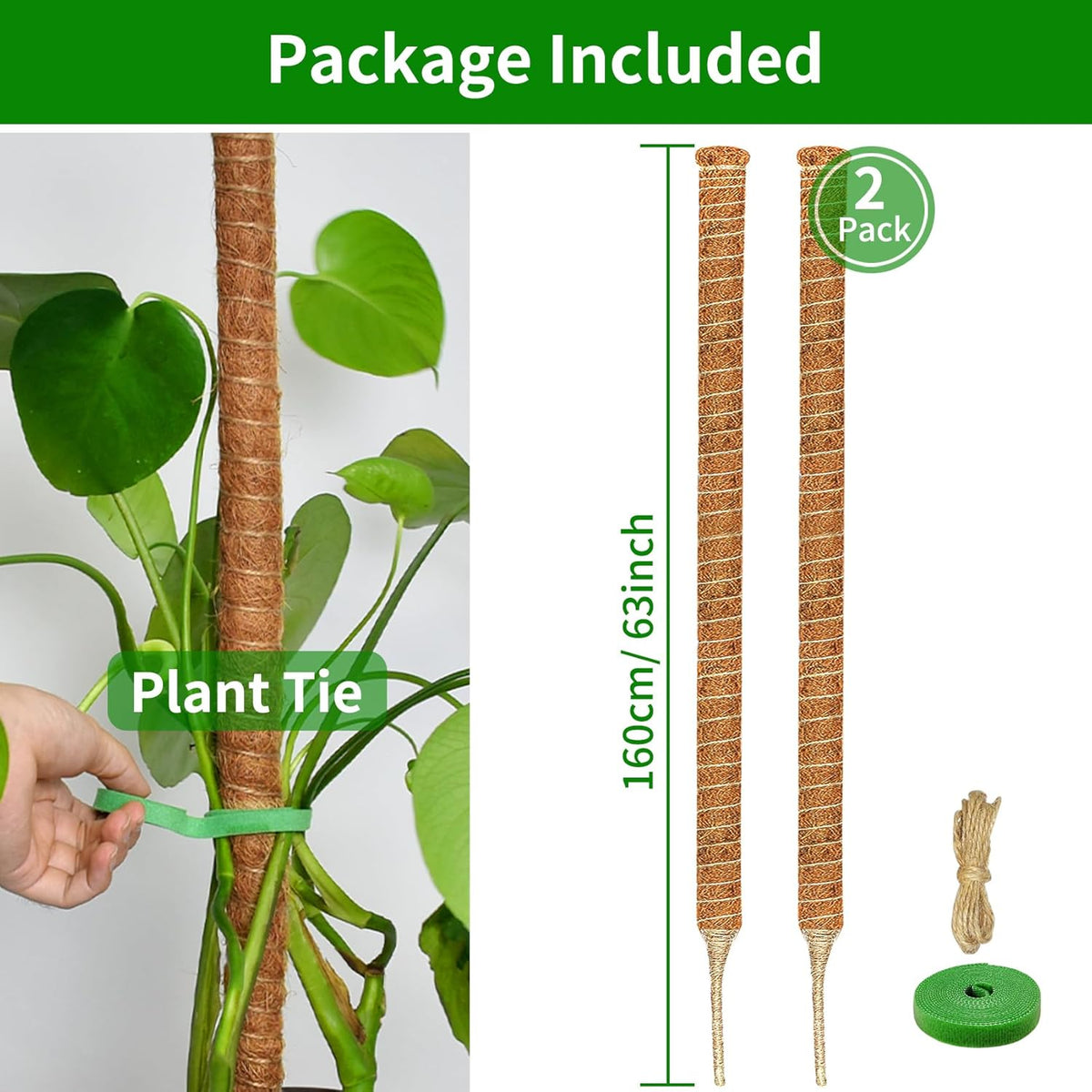 2 Pack Moss Pole, 63-Inch Moss Poles for Plants Monstera,Bendable Plant Support Stakes for Climbing