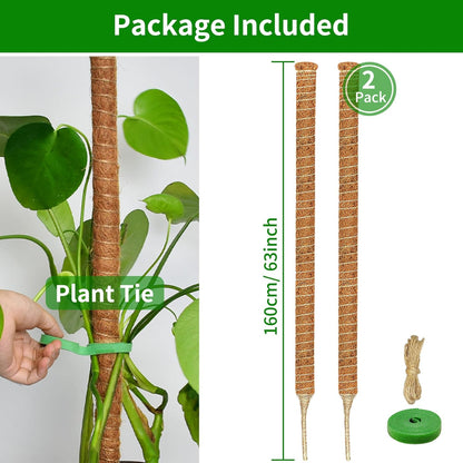 2 Pack Moss Pole, 63-Inch Moss Poles for Plants Monstera,Bendable Plant Support Stakes for Climbing