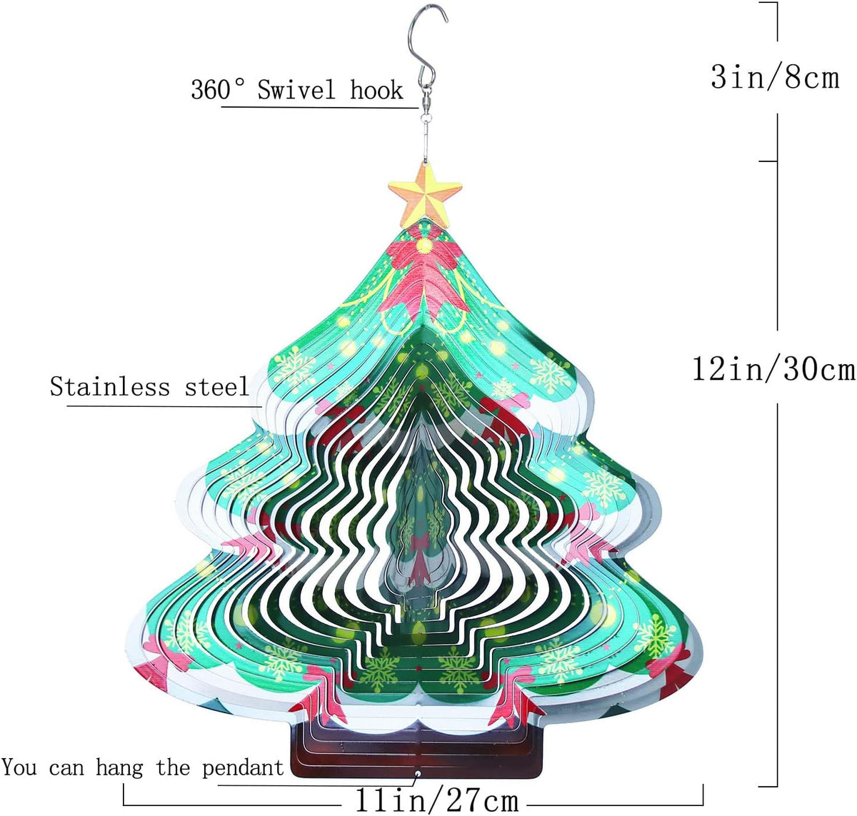 Christmas 3D Wind Spinners Ornament, 12in Large Stainless Steel Outdoor Christma Tree for Winter